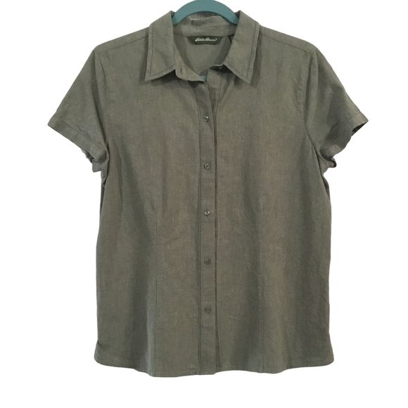 Eddie Bauer Khaki Green Linen Cotton Short Sleeve Mini Point Collar Button Shirt - Picture 1 of 9